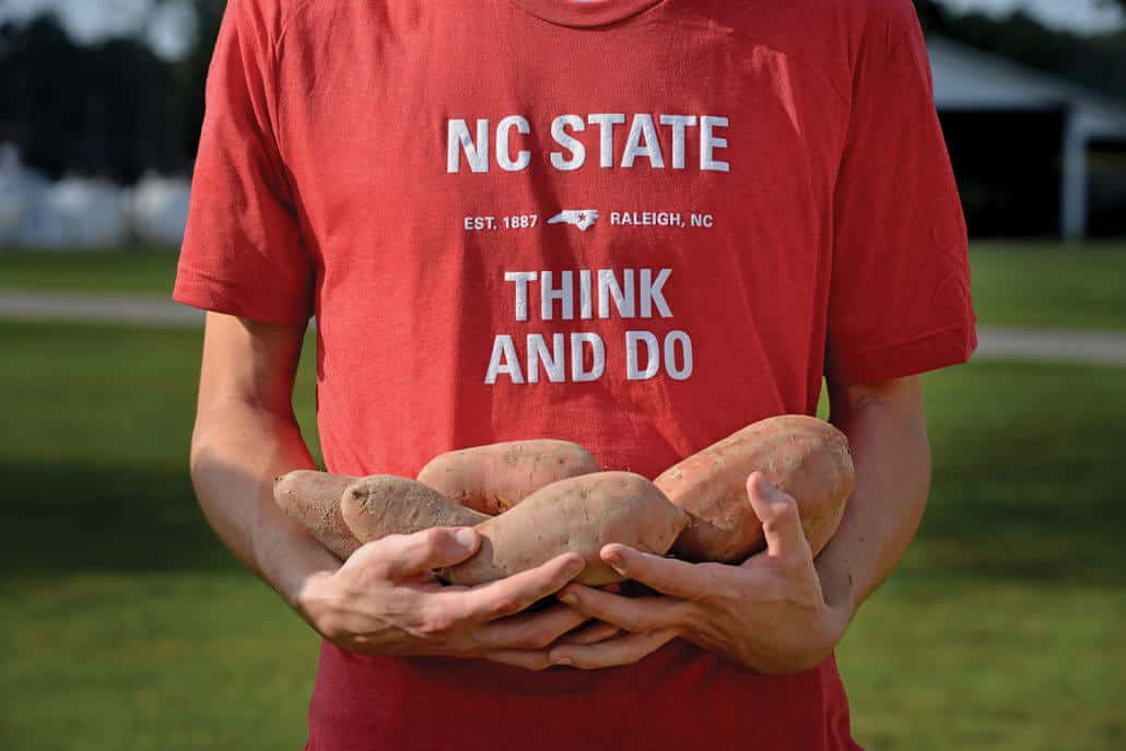 CALS student holding sweet potatoes.