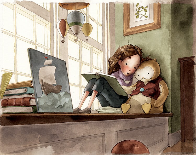 Olive reading to her stuffed owl, Hoot, in the children's book, "Brave Enough for Two."