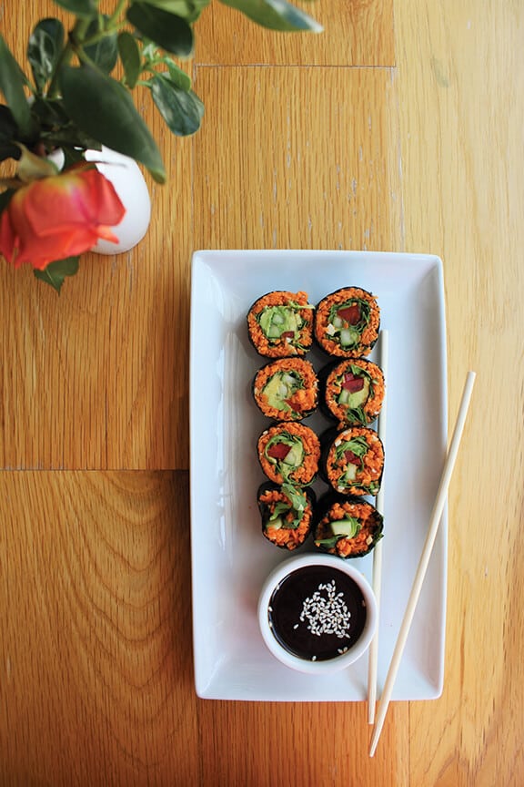 A plate of sweet potato cashew sushi at Living Kitchen