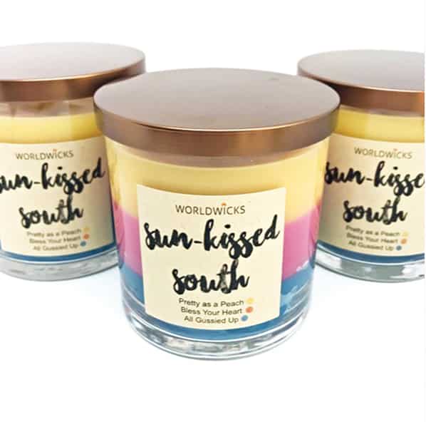 World Wicks' candle scent "Sun-Kissed South" featuring "pretty as a peach," "bless your heart," and "all gussied up"